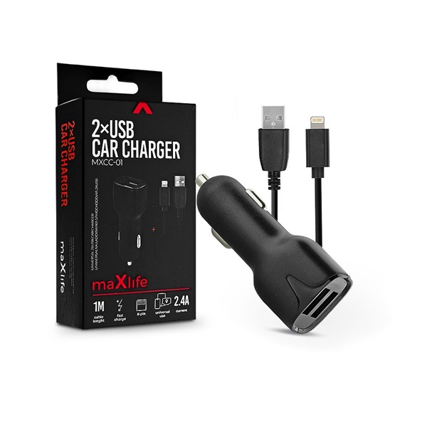 Maxlife TF-0016 5V/2,4A 1m Lightning/2xUSB fekete szivargyújtó töltő Maxlife TF-0016 5V/2,4A 1m Lightning/2xUSB fekete szivargyújtó töltő