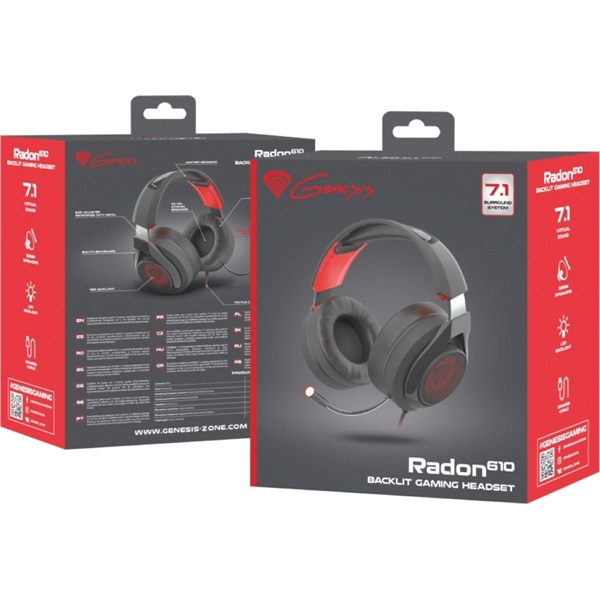 natec Genesis Radon 610 Gamer mikrofonos fejhallgató, 7.1, fekete-piros (NSG-1454)