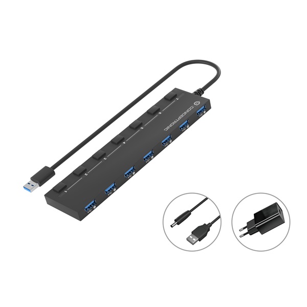 Conceptronic  HUBBIES19BP  7 Port USB-A to 7xUSB 2.0 külső táp USB Hub Fekete 