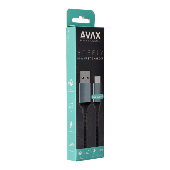  AVAX CB301G STEELY USB A-Type C 60W  1,5m 3A gyorstöltő kábel  acélszürke 