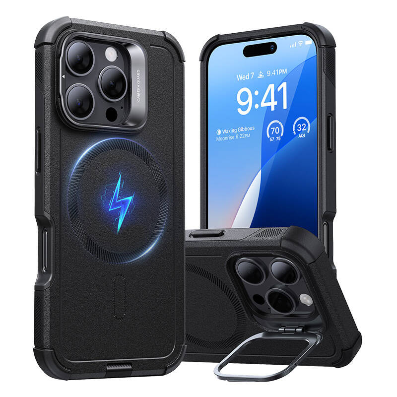 Cyber Tough (HaloLock) ESR tok állvánnyal iPhone 16 Pro készülékhez (fekete) Cyber Tough (HaloLock) ESR tok állvánnyal iPhone 16 Pro készülékhez (fekete)
