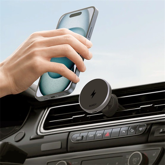 Aukey MagFusion Dash Pro Qi2 aktív hűtésű szellőzőrácsra rögzíthető vezeték nélküli autós telefon töltő és tartó