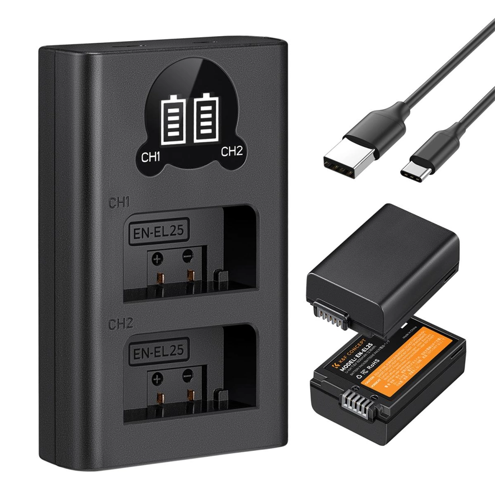 K&F Concept hordozható dupla USB-C akkumulátor MH-32 töltő + 2db EN-EL25 akkumulátor 1600mAh