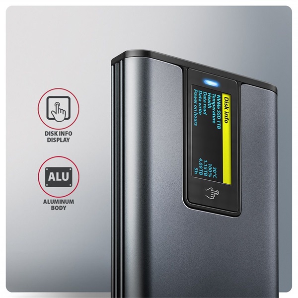Axagon EEM2-SD2 DISPLAY USB-C 10Gbps M.2 NVMe & SATA SSD külső ház