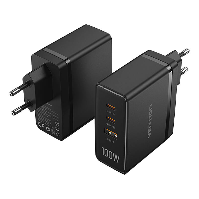 Vention FEGB0-EU 2xUSB-C 1xUSB-A 100W/100W/30W GaN hálózati töltő Fekete