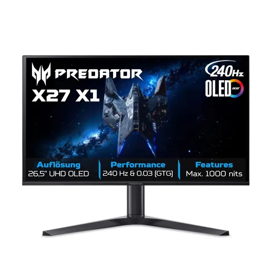 Acer 27" Predator X27X1bmiippruzx Monitor - 3840x2160, 4K, OLED, 240Hz, 0,03ms, Hangszóró, FreeSync, Pivot, Gamer, Fekete
