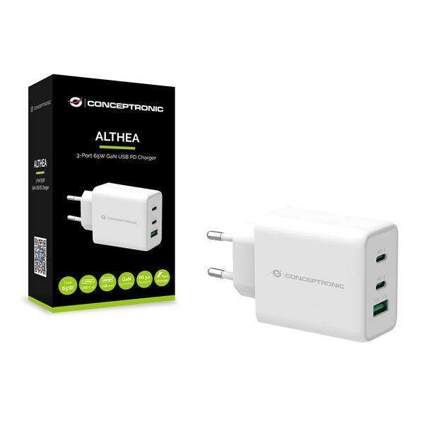 Conceptronic  ALTHEA12W 2xUSB-C+USB-A  65W telefon töltő adapter Fehér 