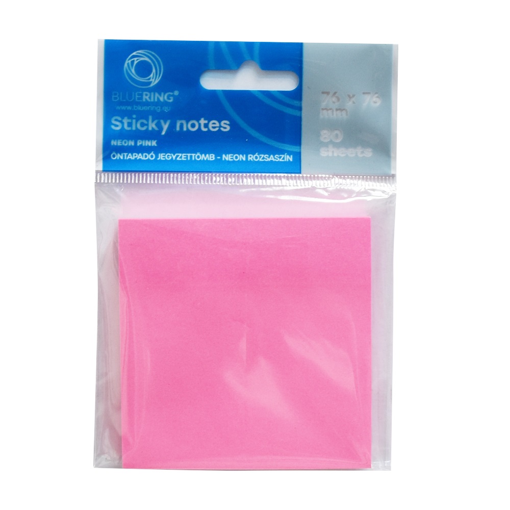 Bluering Jegyzettömb öntapadó, 76x76mm, 80lap,  , neon pink (JJ50304-3X3)