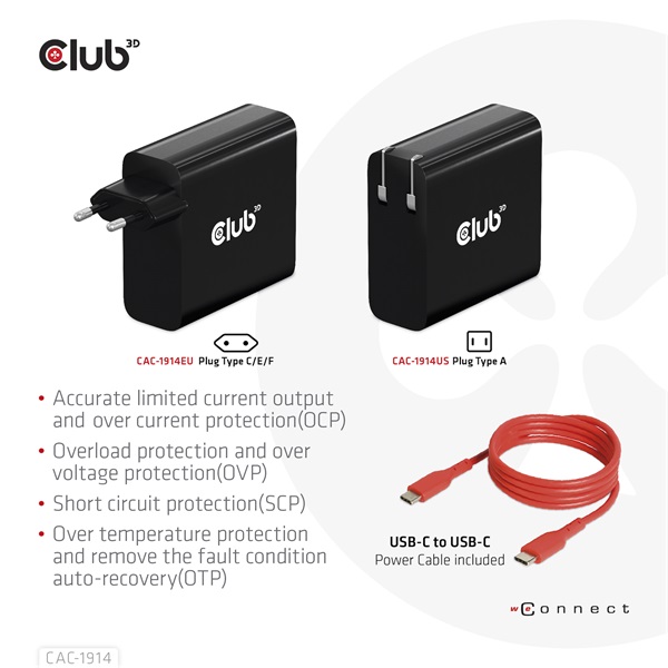 Club 3D CAC-1914EU 140W GaN USB-C PD 3.1 Hálózati Töltő Club 3D CAC-1914EU 140W GaN USB-C PD 3.1 Hálózati Töltő