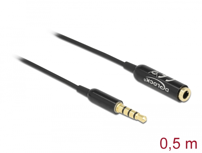 Delock Audio bővítő kábel sztereo jack 3,5 mm 4 tűs apa   anya Ultra Slim, 0,5 m, fekete (66074)