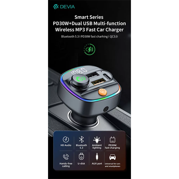 Devia ST112513 Smart Series autós gyorstöltő 30W PD+QC 2xUSB/AUX/MP3 fekete Bluetooth FM-transmitter