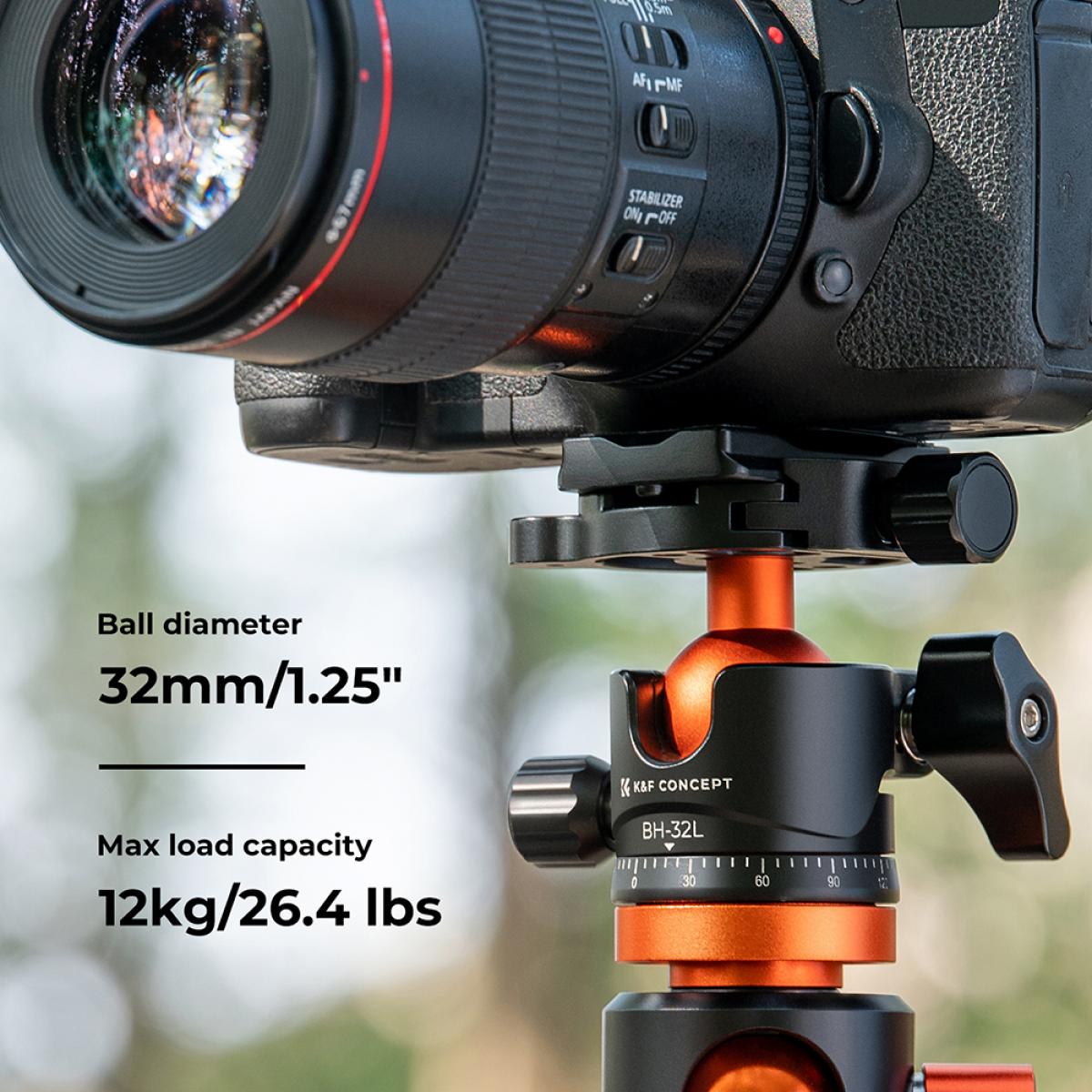 K&F Concept BH-32L állvány gömbfej, 32mm, 12kg teherbírás, vízmérték, arca swiss, 3/8"-1/4"