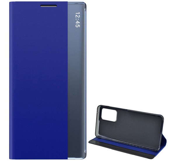 Tok álló, textil hatású (aktív FLIP, oldalra nyíló, asztali tartó funkció, Smart View Cover) SÖTÉTKÉK [Samsung Galaxy A52s 5G (SM-A528)]