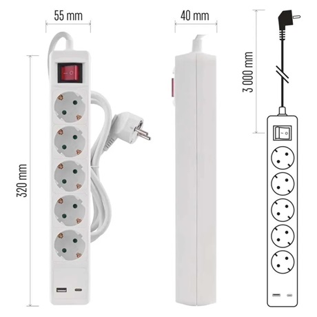 Emos P1523CU 3m / 5 aljzat USB A + C / 1,5 MM2 Hosszabbító  