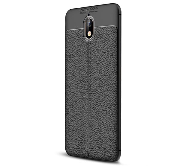 Szilikon telefonvédő (közepesen ütésálló, bőr hatású, varrás minta) FEKETE [Nokia 3.1]