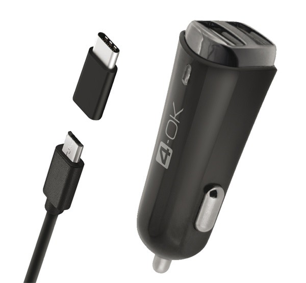 4-OK autós töltő 2 USB aljzat (5V / 3400mA + Type-C adapter + microUSB kábel) FEKETE (CMM3AX) 4-OK autós töltő 2 USB aljzat (5V / 3400mA + Type-C adapter + microUSB kábel) FEKETE (CMM3AX)