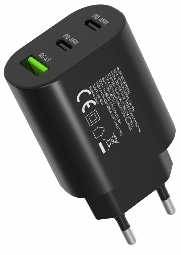 Hálózati gyorstöltő adapter 45W, Fekete