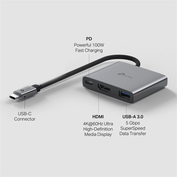 TP-LINK UH3020C USB Type-C 3 portos 1xHDMI + 1xPD 100W + 1xUSB(5Gpbs) HUB 
