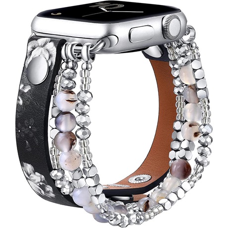 Mybandz 13459 APPLE WATCH gyöngyös bőróraszíj /40/41 és 42mm Fekete-virágmintás Mybandz 13459 APPLE WATCH gyöngyös bőróraszíj /40/41 és 42mm Fekete-virágmintás