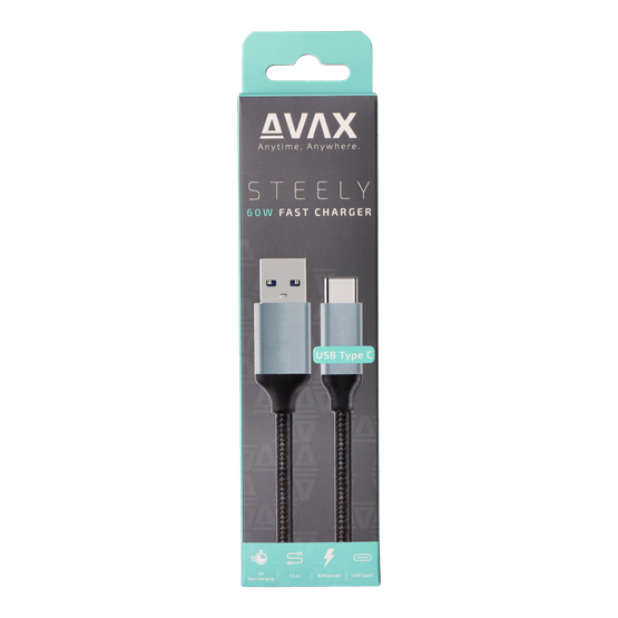  AVAX CB301G STEELY USB A-Type C 60W  1,5m 3A gyorstöltő kábel  acélszürke 