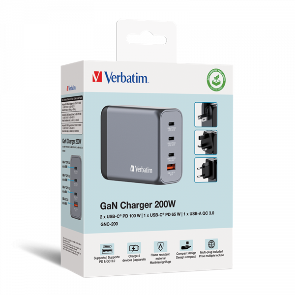Verbatim 32204 GNC-200 GaN Charger 200W USB Type-A + 3xType-C hálózati töltő adapter Verbatim 32204 GNC-200 GaN Charger 200W USB Type-A + 3xType-C hálózati töltő adapter