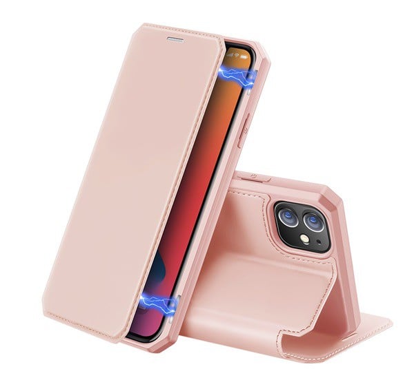 DUX DUCIS SKIN X tok álló, bőr hatású (FLIP, oldalra nyíló, asztali tartó, vezeték nélküli töltés támogatás) RÓZSASZÍN [Apple iPhone ...