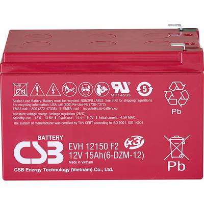 CSB Battery EVH 12150 EVH12150X3 Ólomakku 12 V 15 Ah Ólom-vlies (AGM) (Sz x Ma x Mé) 151 x 102 x 98 mm 6,35 mm-es laposérintkezős dugó ... CSB Battery EVH 12150 EVH12150X3 Ólomakku 12 V 15 Ah Ólom-vlies (AGM) (Sz x Ma x Mé) 151 x 102 x 98 mm 6,35 mm-es laposérintkezős dugó ...