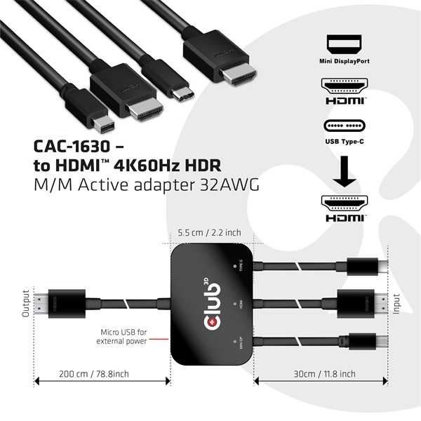 Club 3D CAC-1630 USB-C + HDMI + MiniDisplayport to HDMI 4K60Hz  M/M  32AVG Átalakító