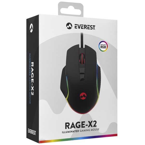 Everest  RAGE-X2  6400 DPI 7gomb optikai RGB LED Gamer Egér Fekete 