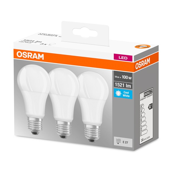 Osram Base matt műanyag búra/14W/1521lm/4000K/E27 LED körte izzó 3 db Osram Base matt műanyag búra/14W/1521lm/4000K/E27 LED körte izzó 3 db