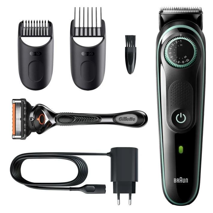 Braun BT3341 szakállvágó (fekete-élénkzöld) precíziós gombbal, 2 tartozékkal és egy Gillette ProGlide borotvával