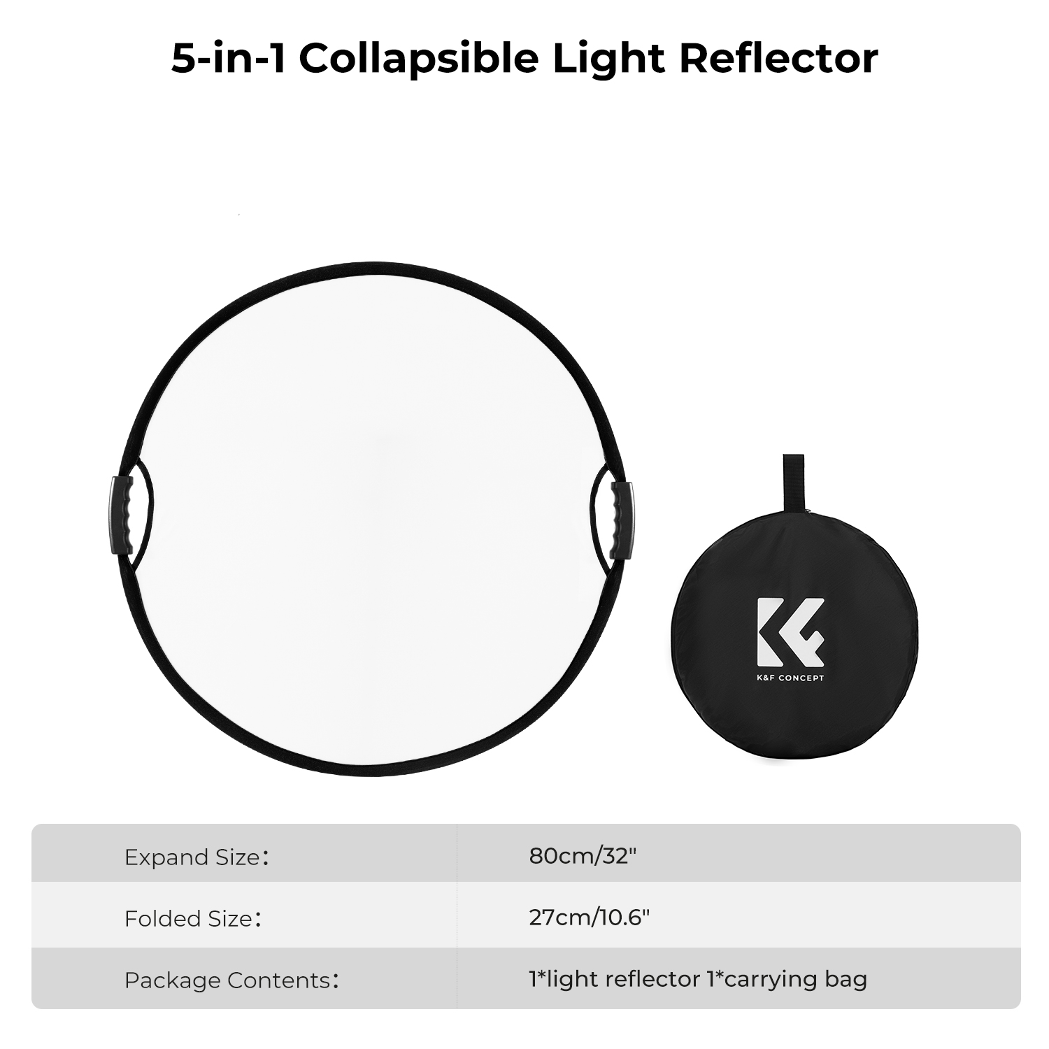 K&F Concept 5in1 derítőlap, reflektor fogantyúval 80cm (feh, fek, arany, ezüst, transp) + hordtáska K&F Concept 5in1 derítőlap, reflektor fogantyúval 80cm (feh, fek, arany, ezüst, transp) + hordtáska