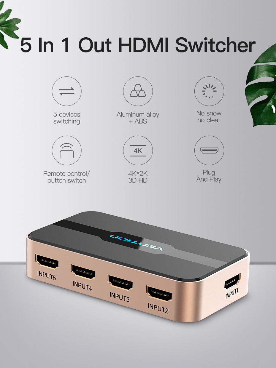 Vention HDMI  5be-1ki switcher Fekete-arany