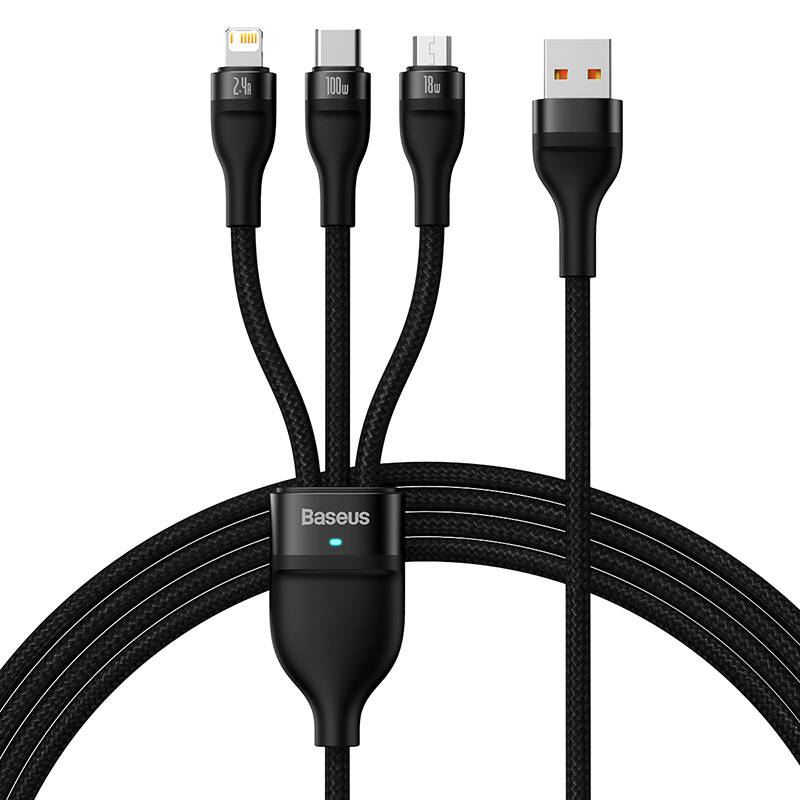 Baseus Flash Series 3 az 1-ben USB-kábel USB-C + micro USB + Lightning 100W 1.2m fekete (CASS030001) Baseus Flash Series 3 az 1-ben USB-kábel USB-C + micro USB + Lightning 100W 1.2m fekete (CASS030001)