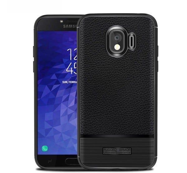 Szilikon telefonvédő (közepesen ütésálló, bőr hatású, szálcsiszolt) FEKETE [Samsung Galaxy J4 (2018) SM-J400F]