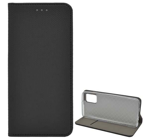 Tok álló, bőr hatású (FLIP, oldalra nyíló, asztali tartó funkció, rombusz minta) FEKETE [Samsung Galaxy A02s (SM-A025F)]