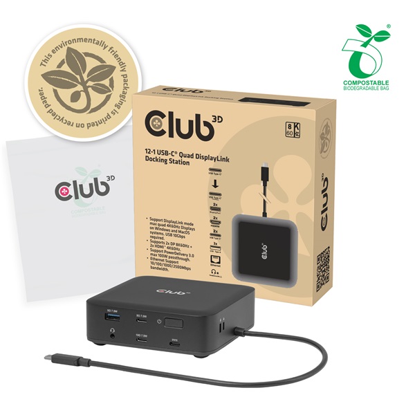 Club 3D CSV-2542  USB-C to 2x Displayport 8K60Hz + 2x HDMI™ 4K60Hz PD3.0 100Watt Ethernet 2.5G  Notebook Dokkoló