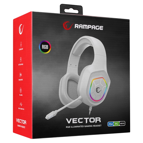 Rampage RM-K90 VECTOR  mikrofon  USB  3,5 Jack hangerőszabályzó  nagy-párnás Fejhallgató Fehér