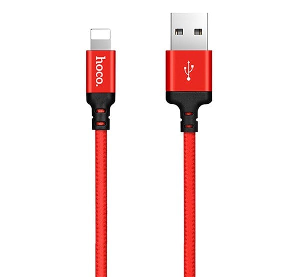 HOCO X14 adatátviteli kábel és töltő (USB - lightning 8pin, gyorstöltés támogatás, 100cm, cipőfűző minta) PIROS (X14_LIGHT_1M_R)