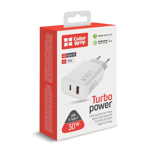 COLORWAY CW-CHS037PD-WT Power Delivery Port PPS USB (Type-C PD + USB QC3.0) (30W)  USB töltő adapter Fehér  