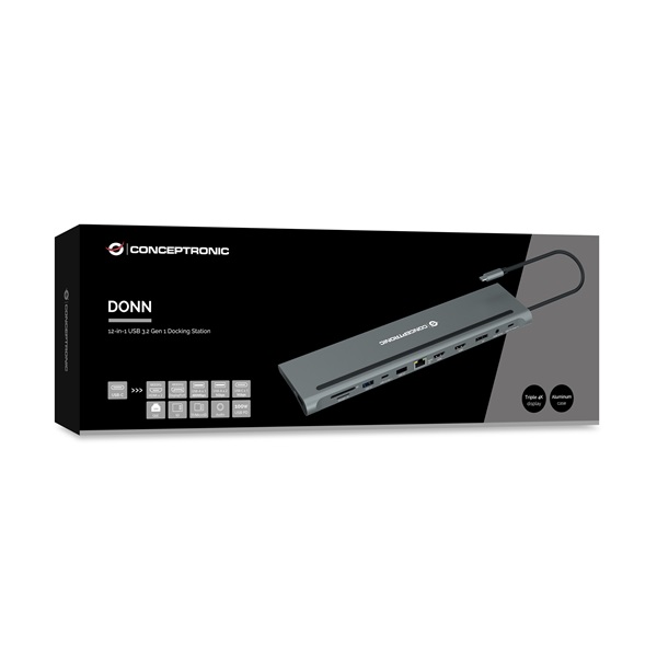 Conceptronic  DONN17G  USB-C to HDMI/DP/USB-C PD/USB-C data/USB 3.0/USB 2.0/SD/TF/GbE/AUX Notebook Dokkoló