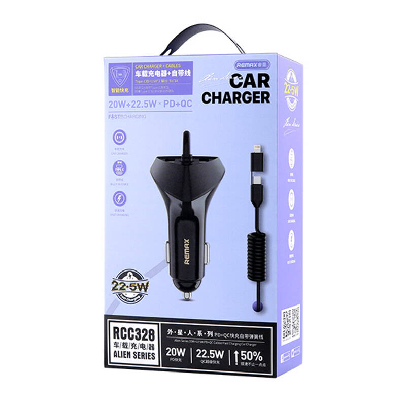 Cabled car charger Remax RCC328 20V+22,5W PD+QC Cabled car charger Remax RCC328 20V+22,5W PD+QC