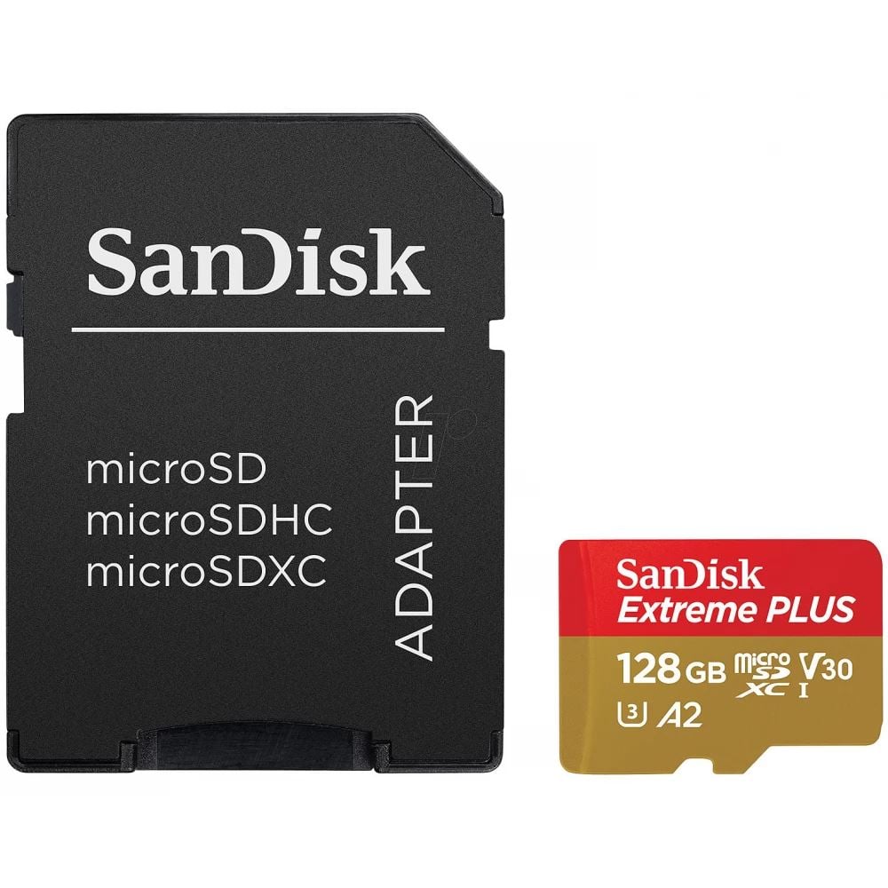 Sandisk 128GB microSDXC Extreme Plus Class 10 U3 A2 C10 V30 + adapterrel Memóriakártya Sandisk 128GB microSDXC Extreme Plus Class 10 U3 A2 C10 V30 + adapterrel Memóriakártya