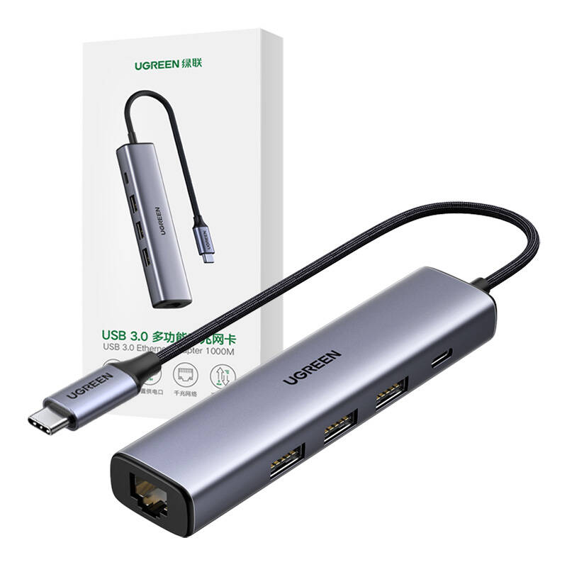 Hub, adapter USB-C to 3x USB-A 3.0 + RJ45 Gigabit UGREEN CM473 (gray)