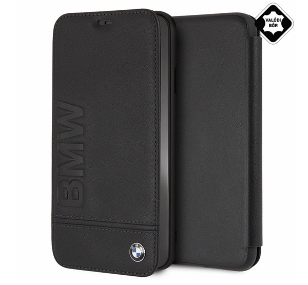 CG MOBILE BMW SIGNATURE tok álló, valódi bőr (FLIP, oldalra nyíló) FEKETE [Apple iPhone XS Max 6.5]