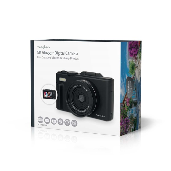 Nedis PCAM2570BK vlogger digitális fényképezőgép / kamera, kihajtható képernyő, 75 MPixel, 5K@15fps, 16 MPixeles CMOS