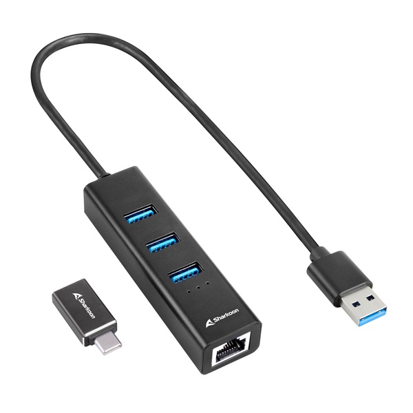 Sharkoon Type-C adapter + RJ45 3port USB3.2 Gen 1 USB Hub Fekete Sharkoon Type-C adapter + RJ45 3port USB3.2 Gen 1 USB Hub Fekete