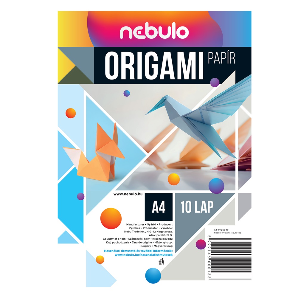 Nebuló Origami papír A4, vegyes színek, 10 lap/csomag,  (A4-ORIPAP-10)