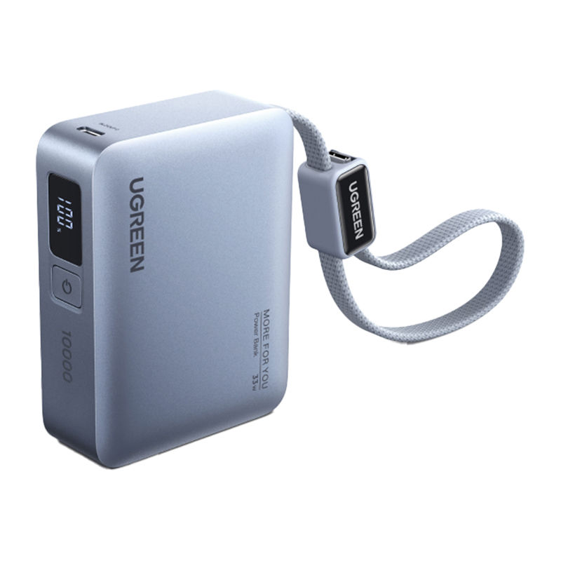 Ugreen PB584 10 000 mAh-s hordozható akkumulátor, USB + USB-C, 33 W, beépített kábellel (szürke)