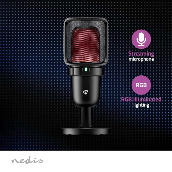 NEDIS GSMIC210BK RGB streaming asztali mikrofon, Használható: Asztali / Notebook, USB Type-A,  Be/Ki kapcsoló, szűrő